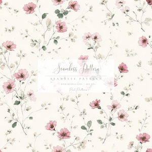 Può includere: Motivo floreale senza cuciture con fiori rosa e foglie verdi su sfondo crema. Il design include delicati rami e il testo "Seamless Pattern" in corsivo. Alta risoluzione, 300 DPI.