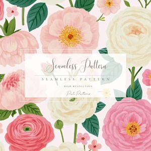 May include: A seamless pattern featuring a variety of pink, white, and cream-colored flowers with green leaves on a light pink background. The text "Seamless Pattern" is centered in a white rectangular frame with additional text below.