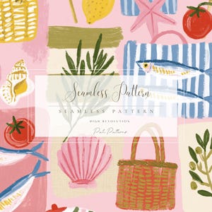 May include: A seamless pattern with a beach theme. The design includes illustrations of fish, tomatoes, seashells, picnic baskets, and olive branches on a pink background. The text "Seamless Pattern" is displayed in the centre.