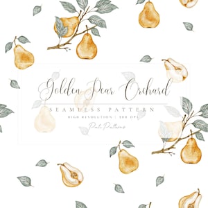 May include: A seamless watercolour pattern featuring golden pears on branches with green leaves and the text "Golden Pear Orchard". The design is set against a white background, creating a fresh, natural aesthetic.