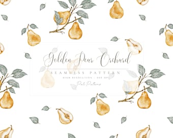 Motivo senza soluzione di continuità con pere acquerellate - Motivo senza soluzione di continuità dipinto a mano - Sfondo di frutta - Carta digitale con pere gialle - Carta per archivio senza soluzione di continuità con frutta