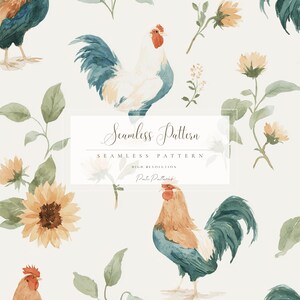 May include: Watercolor seamless pattern featuring roosters, sunflowers, and foliage in shades of blue, brown, and yellow. The design includes the text "Seamless Pattern" in a decorative font, suitable for fabric or wallpaper.