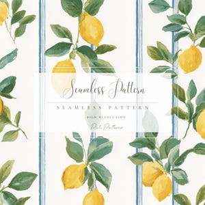 May include: Watercolor seamless pattern featuring yellow lemons, green leaves, and blue stripes on a white background. The text "Seamless Pattern" is displayed in an elegant script. High-resolution design for various applications.