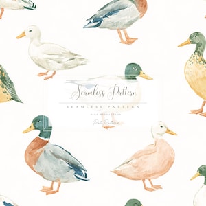 Może przedstawiać: Akwarelowy wzór bezszwowy z ilustracjami kaczek w różnych pozach i kolorach, w tym białym, niebieskim, zielonym i brązowym, na białym tle. Tekst "Seamless Pattern" jest widoczny.