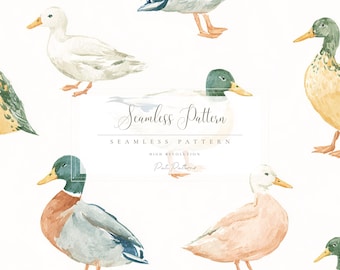 Aquarell Ente Musterdesign, Bauernhof Stockente Vogel Druck, rustikale Land Tier Stoff, Pastell grün beige Wildtiere Design