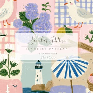 May include: A seamless pattern design with illustrations of seagulls, hydrangeas, lemons, and a lighthouse. The design includes a blue and white striped parasol, a basket of shells, and the text "Seamless Pattern".