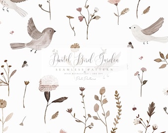 Nursery Pastel Bird Garden Seamless Pattern - Watercolor Delicate Floral Background - Watercolour Birds and Wildflowers Digital Paper PNG