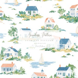May include: Watercolor seamless pattern featuring coastal houses with blue and orange roofs, green foliage, and sailboats on a white background. The text "Seamless Pattern" is displayed in the center. High resolution.