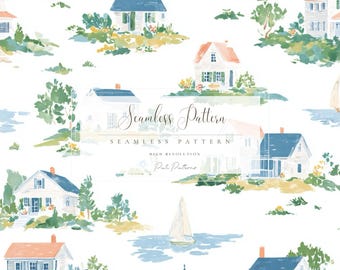 Aquarell Küstenhaus Musterdesign, Strand Haus Stoff, Segelboot Sommer Tapete, Meer Digitales Papier