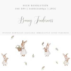 Watercolor Bunny Seamless Pattern - Textile Design for Kids - Woodland Animals in Vintage Style - Watercolor Baby Rabbit - Instant Download image 3