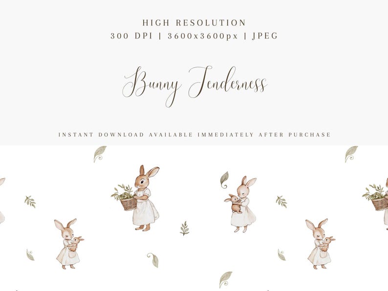 Watercolor Bunny Seamless Pattern - Textile Design for Kids - Woodland Animals in Vintage Style - Watercolor Baby Rabbit - Instant Download image 3