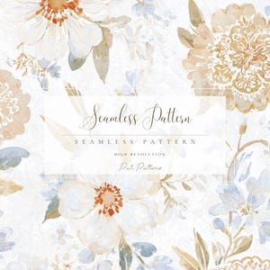 Può includere: Motivo floreale continuo ad acquerello con fiori e fogliame bianchi, beige e blu. Il design include una varietà di tipi di fiori e forme di foglie, con il testo "Seamless Pattern" al centro. Alta risoluzione.