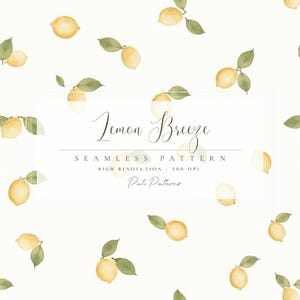 May include: Watercolor seamless pattern featuring yellow lemons with green leaves scattered on a white background. The text "Lemon Breeze" is displayed in elegant script, along with "Seamless Pattern" and "High Resolution 300 DPI".