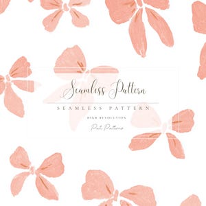 May include: Seamless pattern featuring watercolor-style peach-colored bows on a white background. The bows are scattered across the surface. The text "Seamless Pattern" is displayed in a rectangular frame.