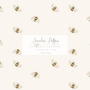 Puede incluir: Un patrón sin costuras con ilustraciones de acuarela de abejas. Las abejas tienen rayas amarillas y negras y alas blancas, sobre un fondo crema. El texto "Seamless Pattern" se muestra en un recuadro.