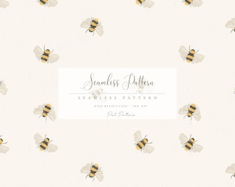 Watercolor Bee Seamless Pattern, Cute Bumblebee PNG Background, Spring Bee Digital Paper, Cottagecore Bee Design, Nursery Fabric Print
