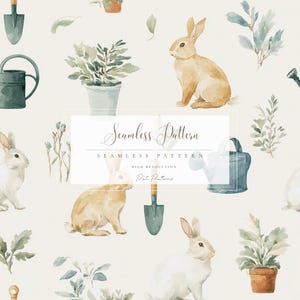 May include: Watercolor seamless pattern featuring rabbits, gardening tools, and potted plants. The design includes bunnies in shades of brown and white, along with green and blue gardening elements. The text "Seamless Pattern" is displayed in the center.
