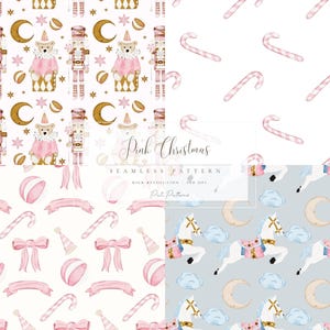 Può includere: Una collezione di motivi senza cuciture a tema natalizio. I motivi presentano elementi rosa e oro, tra cui orsacchiotti, schiaccianoci, bastoncini di zucchero, fiocchi e cavalli. È visibile anche il testo "Pink Christmas".