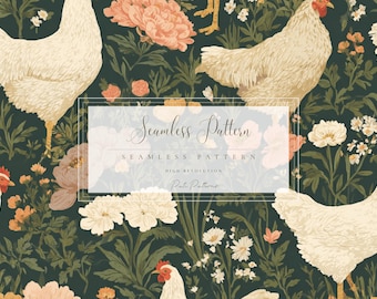 Vintage Chicken Seamless Pattern with Flowers PNG, Farm Animal Wallpaper, Fast Download, Commercial Use, Cute Country Spring Design