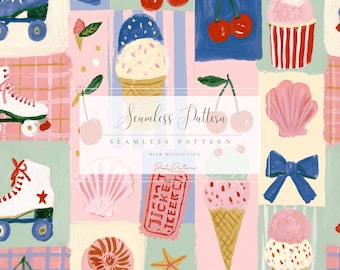 Motivo senza soluzione di continuità tra gelato, pattini a rotelle e ciliegie, design estivo da spiaggia con cupcake, download veloce, utilizzo commerciale, sfondo PNG