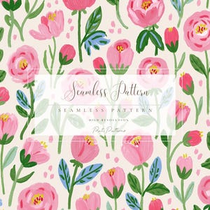 May include: Seamless floral pattern featuring pink flowers with yellow centers, green leaves, and blue accents on a cream background. The text "Seamless Pattern" is displayed in a white rectangle. High resolution.