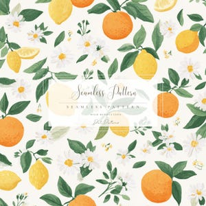 May include: Seamless pattern featuring watercolor illustrations of oranges, lemons, white daisies, and green leaves on a cream background. The text "Seamless Pattern" is displayed in a decorative font.