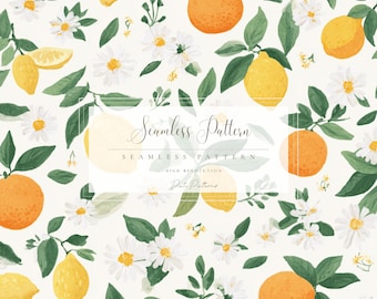 Citrus Lemons and Oranges Seamless Pattern, Floral Summer Fruit Design, Fast Download, Commercial Use PNG
