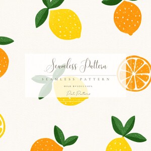 May include: A seamless pattern featuring yellow and orange lemons with green leaves on a white background. The text Seamless Pattern, SEAMLESS PATTERN, HIGH RESOLUTION, and Pati Patterns is overlaid in the centre of the repeating fruit design.