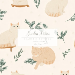 May include: A seamless pattern featuring illustrations of cats in various poses, interspersed with sprigs of greenery and small star-like shapes. The cats are depicted in shades of cream and orange against a light beige background. The text "Seamless Pattern" is displayed.