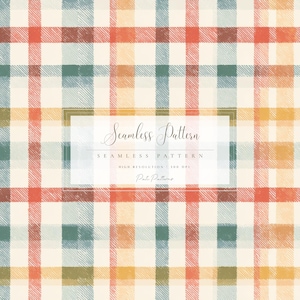 May include: A seamless plaid pattern in cream, red, orange, yellow, and teal. The text "Seamless Pattern" is displayed in a decorative font, along with "Seamless Pattern", "High Resolution", and "Pale Patterns".