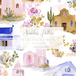 Può includere: Motivo acquerello senza cuciture con edifici in stile sud-occidentale, cactus ed elementi floreali nei toni del rosa, blu e beige. Il testo "Seamless Pattern" è visualizzato in una scrittura elegante.