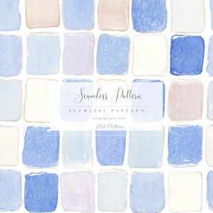 Könnte beinhalten: Nahtloses Aquarellmuster mit einem Raster aus weichen, quadratischen Formen in Blau-, Beige- und Weißtönen. Das Bild enthält den Text "Seamless Pattern" und "High Resolution" in zarter Schrift, ideal für digitale Designs.