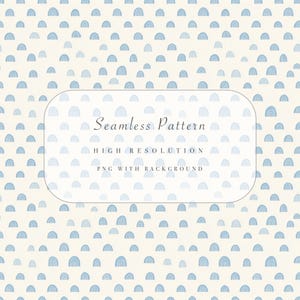 Könnte beinhalten: Nahtloses Musterdesign mit hellblauen Halbkreisen auf cremefarbenem Hintergrund. Das Muster wiederholt sich über das Bild. Text in einem abgerundeten Rechteck: "Seamless Pattern", "HIGH RESOLUTION" und "PNG WITH BACKGROUND".