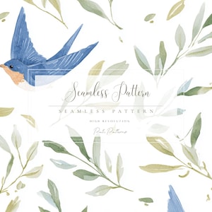 May include: Watercolor seamless pattern featuring a blue bird in flight, with an orange chest, and green and yellow leaves on a white background. The text "Seamless Pattern" is displayed in an elegant script.