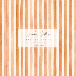 May include: Watercolor seamless pattern with vertical stripes in shades of orange, peach, and cream. The image includes the text "Seamless Pattern" and "Pate Patterns". High-resolution design.
