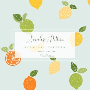 Puede incluir: Un patrón continuo con ilustraciones de frutas cítricas, incluyendo limones amarillos, limas verdes y rodajas de naranja sobre un fondo azul claro. Un recuadro blanco central contiene el texto Seamless Pattern en letra cursiva.