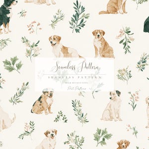 Może przedstawiać: Bezszwowy wzór z akwarelowymi ilustracjami różnych ras psów, przeplatany elementami kwiatowymi i botanicznymi w odcieniach zieleni, brązu i kremu. Tekst "Seamless Pattern" jest wyświetlany pośrodku.
