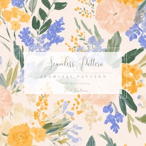 May include: A seamless floral pattern design featuring watercolor-style flowers in shades of yellow, blue, and peach, with green foliage on a cream background. The text "Seamless Pattern" is displayed in a rectangular frame.