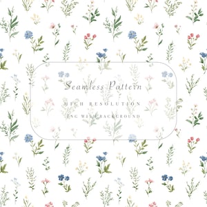 May include: A seamless pattern featuring watercolor illustrations of various wildflowers in shades of pink, blue, and yellow, set against a white background. The design includes text that reads "Seamless Pattern", "High Resolution", and "PNG with Background".