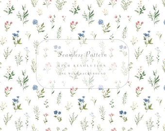 Motivo senza cuciture con fiori selvatici ad acquerello in formato PNG, download rapido, uso commerciale, sfondo floreale primaverile per artigianato, album di ritagli, design di tessuti