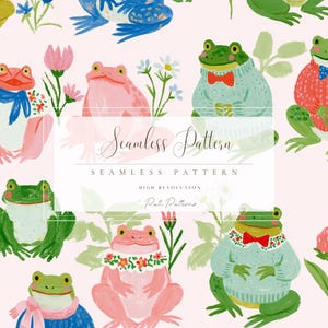 May include: A seamless pattern featuring various illustrated frogs on a light pink background. Some frogs wear sweaters, scarves, or bow ties, while others are surrounded by small flowers. The text Seamless Pattern is centered.