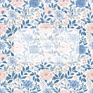 Puede incluir: Un patrón floral sin costuras con flores y hojas azules y rosas sobre un fondo blanco. El diseño incluye el texto "Seamless Pattern, High Resolution, PNG with Background."