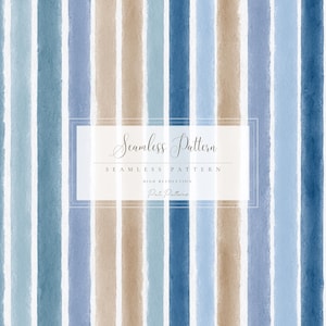 May include: Watercolor seamless pattern with vertical stripes in shades of blue, beige, and white. The image features a repeating pattern with a hand-painted aesthetic. The text "Seamless Pattern" is displayed in a rectangular frame.