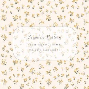 Puede incluir: Un patrón sin costuras con un fondo crema, adornado con pequeños racimos florales amarillos y hojas verdes. El diseño incluye el texto "Seamless Pattern", "High Resolution" y "PNG with Background".