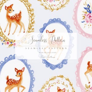 May include: Watercolor seamless pattern featuring charming deer illustrations within ornate oval frames. The frames are adorned with floral accents in pink, blue, and gold, set against a white background. The text "Seamless Pattern" is displayed in the center.