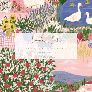 May include: A seamless pattern illustration featuring a pink background with red apple trees, white geese swimming in a blue pond, sunflowers in a basket, a picnic blanket, lavender, and a small house in a landscape with rolling hills and butterflies.