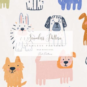 May include: Seamless pattern featuring whimsical illustrations of various dog breeds and a rabbit, in shades of orange, blue, pink, and white. The text "Seamless Pattern" is displayed in the center.