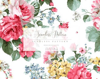 Motivo floreale vintage retrò senza soluzione di continuità PNG, download veloce, uso commerciale, rose rosa, fiori di campo gialli e blu per lavori artigianali primaverili
