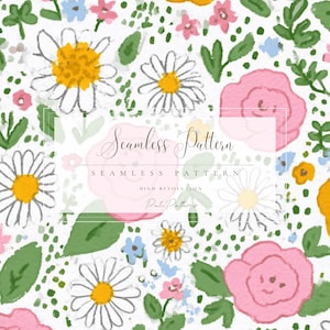 Vintage Retro Floral Seamless Pattern PNG, Cute Daisy Rose Print for Kids Holidays Spring, Fast Download, Commercial Use