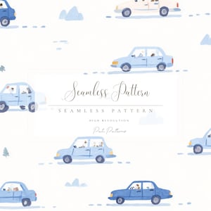 May include: Watercolor illustration of a seamless pattern featuring light blue cars with passengers, set against a white background with blue accents. The text "Seamless Pattern" is displayed in the center.
